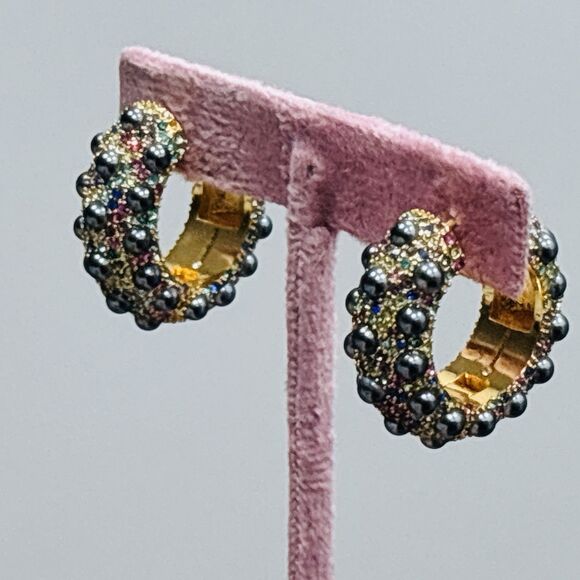 BaubleBar Hoop Earrings Gold Tone Crystal Pave Faux Pearl Statement - Picture 1 of 11